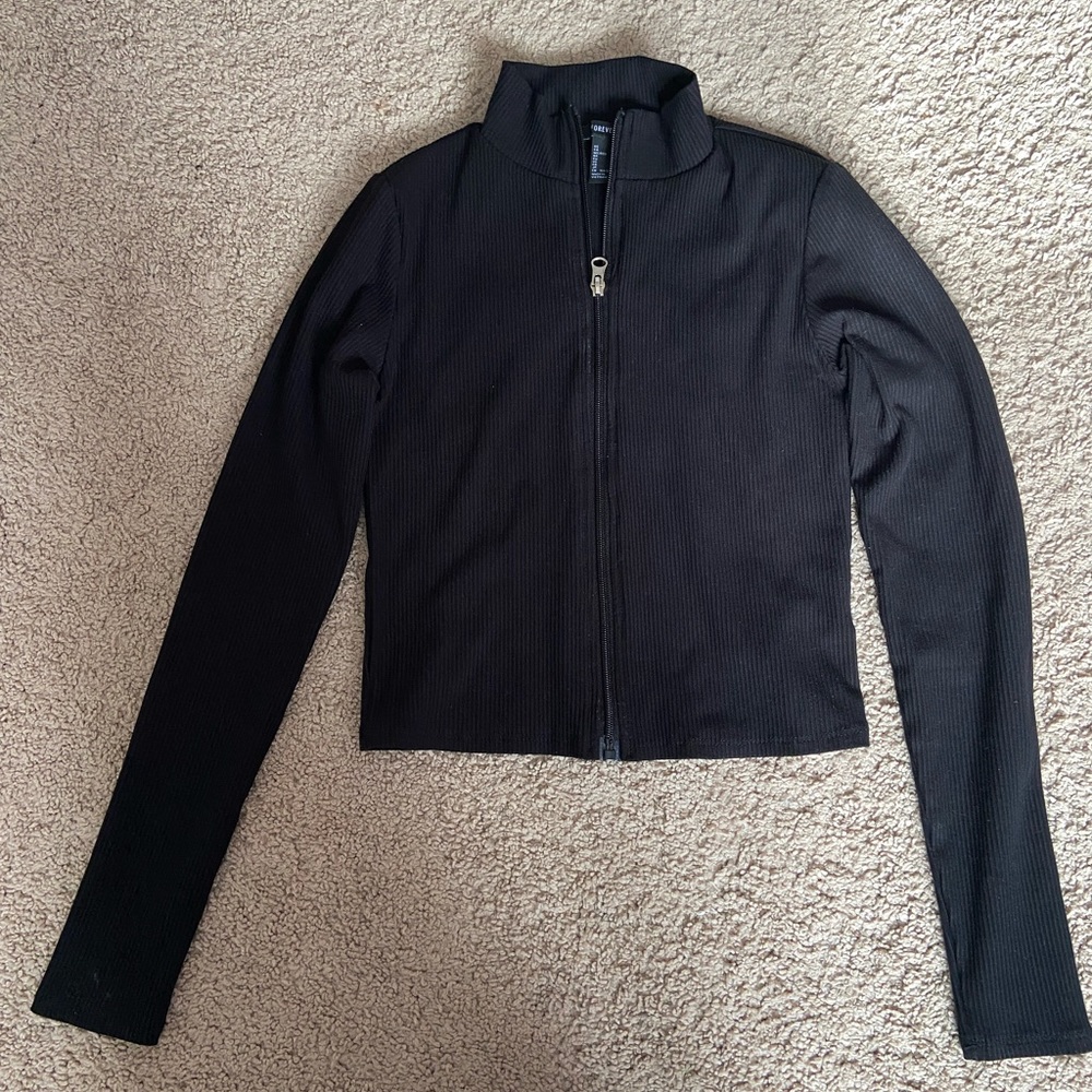Forever 21 Black Ribbed Long Sleeve Zip-Up Top
